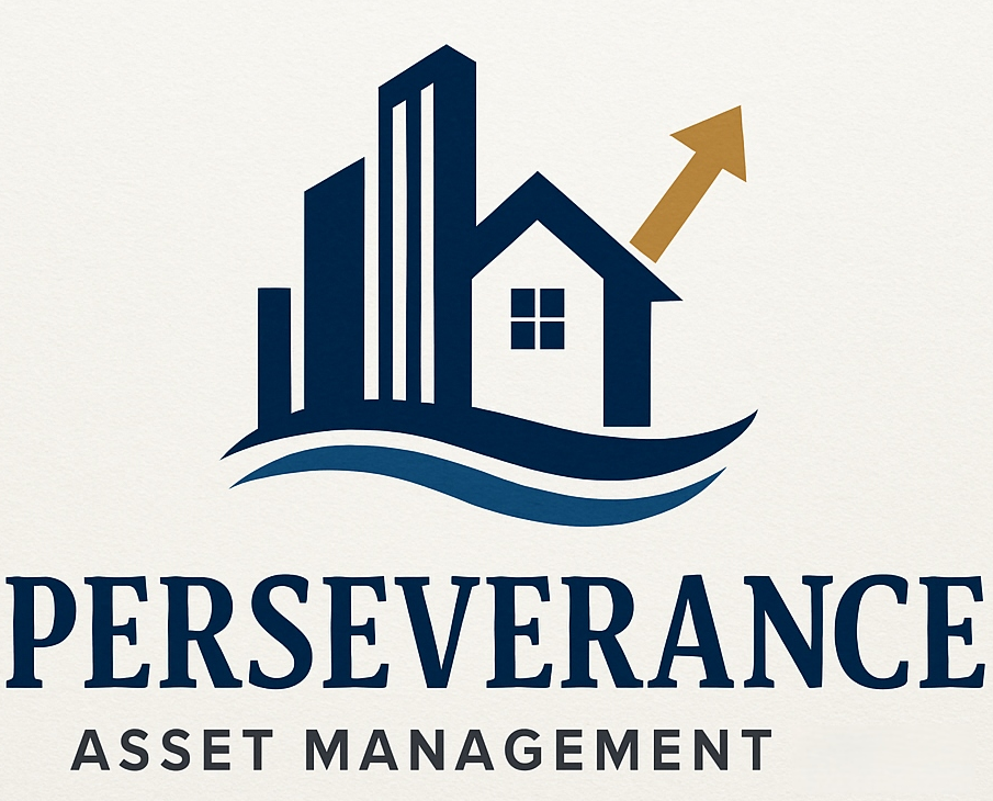 Perseverance Asset Management logo — navy skyline and house mark with a gold upward arrow